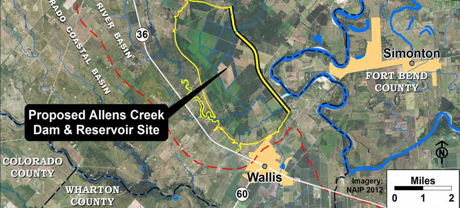Aerial map showing the proposed Allens Creek dam and reservoir site west of the Brazos River near Wallis and Simonton, Texas